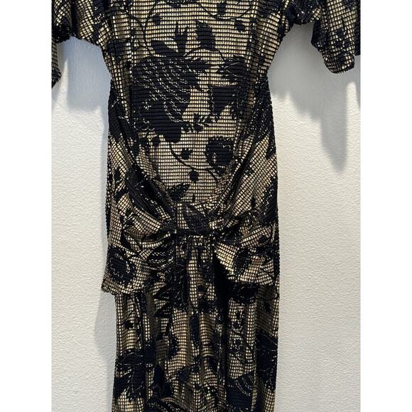 Vintage Janine Medium Gold Black Floral Cocktail Dress Open Back Mosaic Retro - Picture 4 of 16